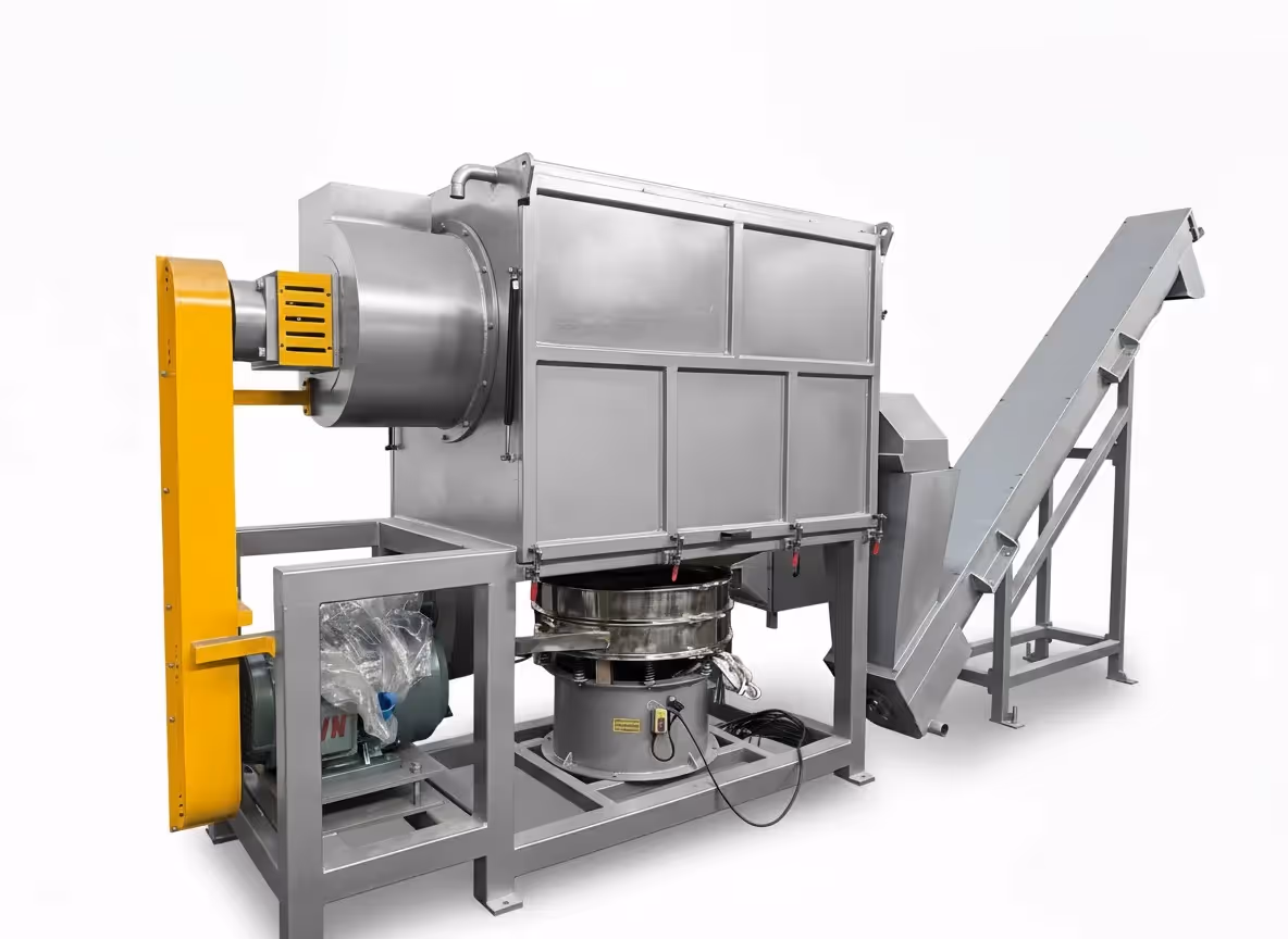 An integrated plastic flake drying system, featuring a centrifugal dewatering machine that feeds a vibratory sieve, with a final discharge conveyor.