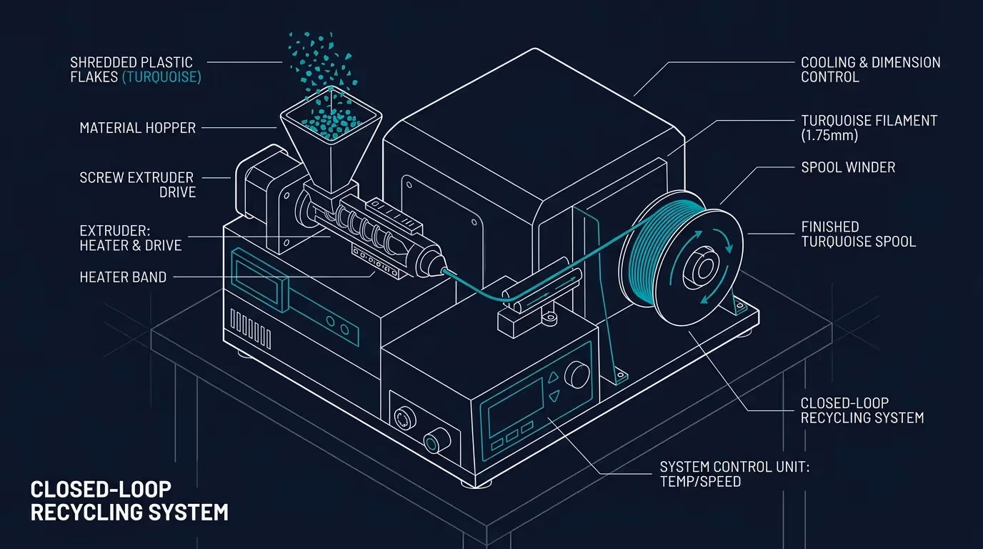 Closed-loop 3D printing filament recycling system with shredder and desktop extruder