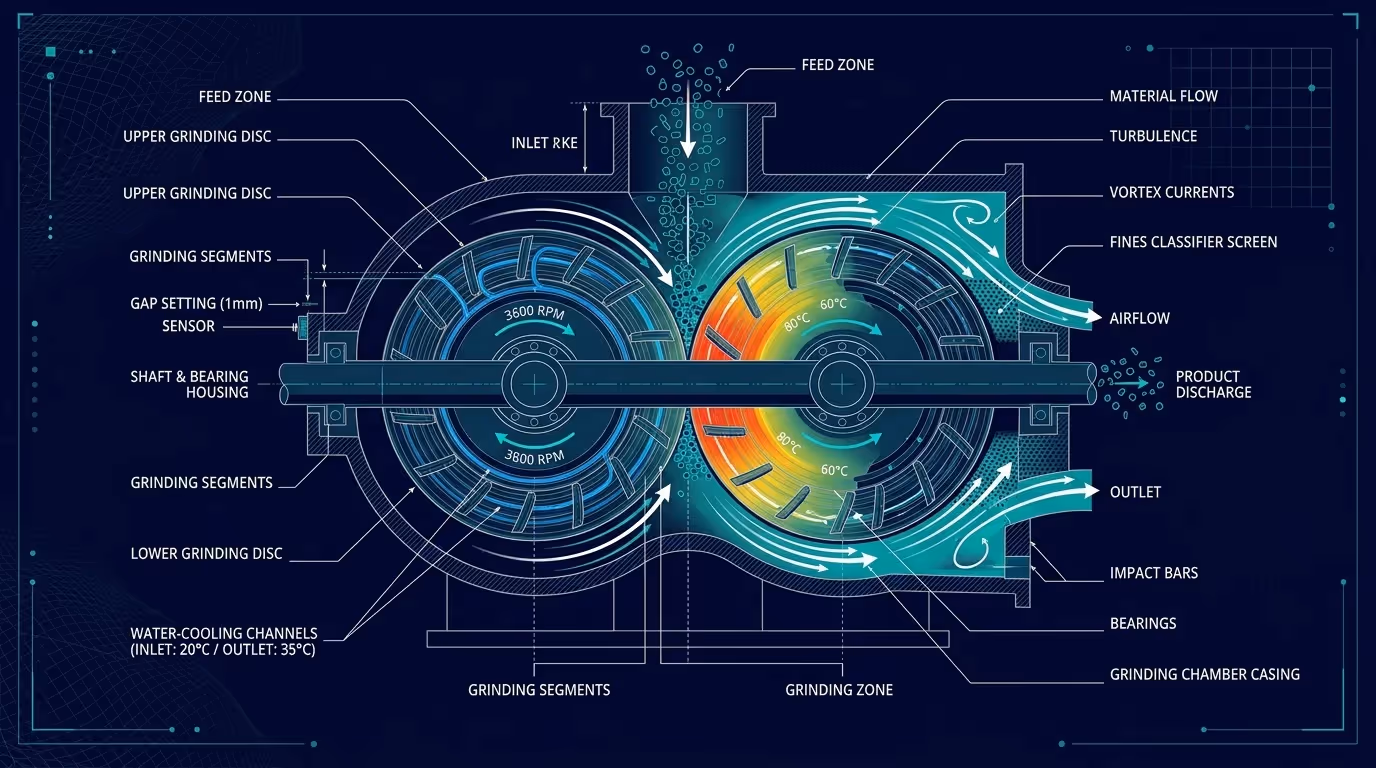 Industrial plastic pulverizer grinding chamber schematic with water cooling channels