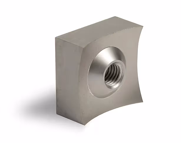 Concave rotary shredder knife with threaded hole for industrial textile shredder applications.